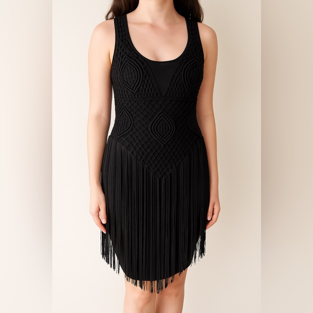 Marciano Black Macramé Fringe Dress — Size XS
